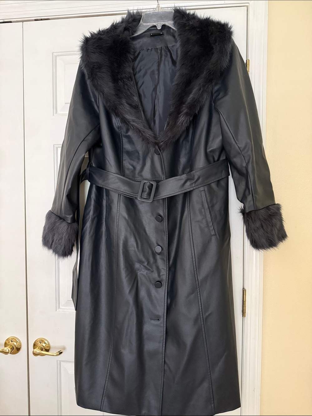City Chic Faux Leather Trench Coat with Fur Trim